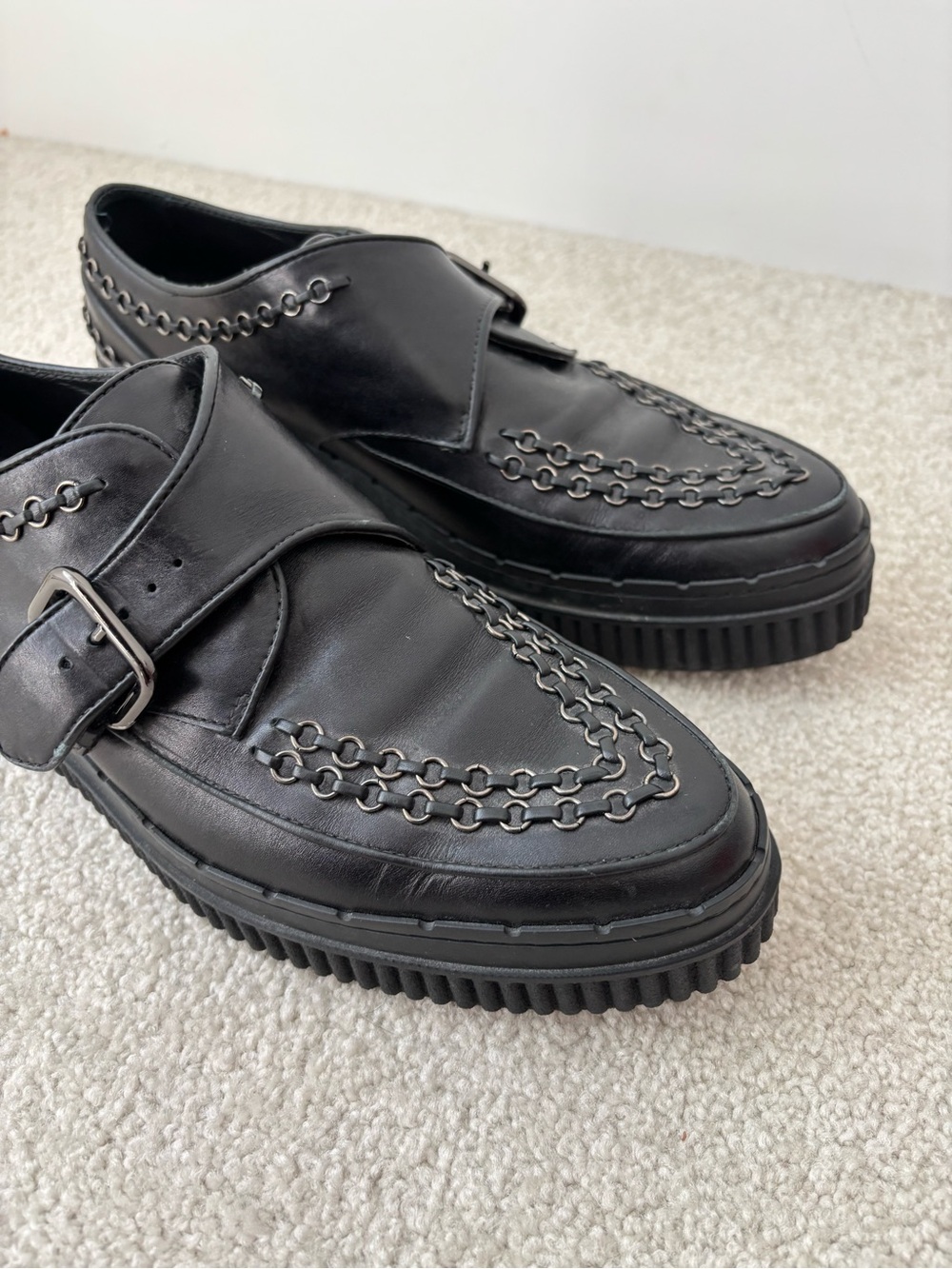TOD’S Black Leather Monk Strap Loafers Platform Chain Detail Size 9.5 US - Picture 5 of 12